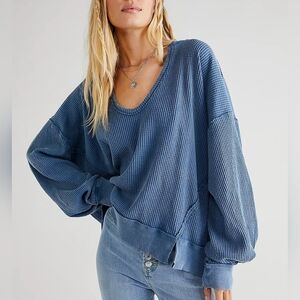 Free People We The Free Buttercup Waffle Oversized Blue Thermal Top NWT